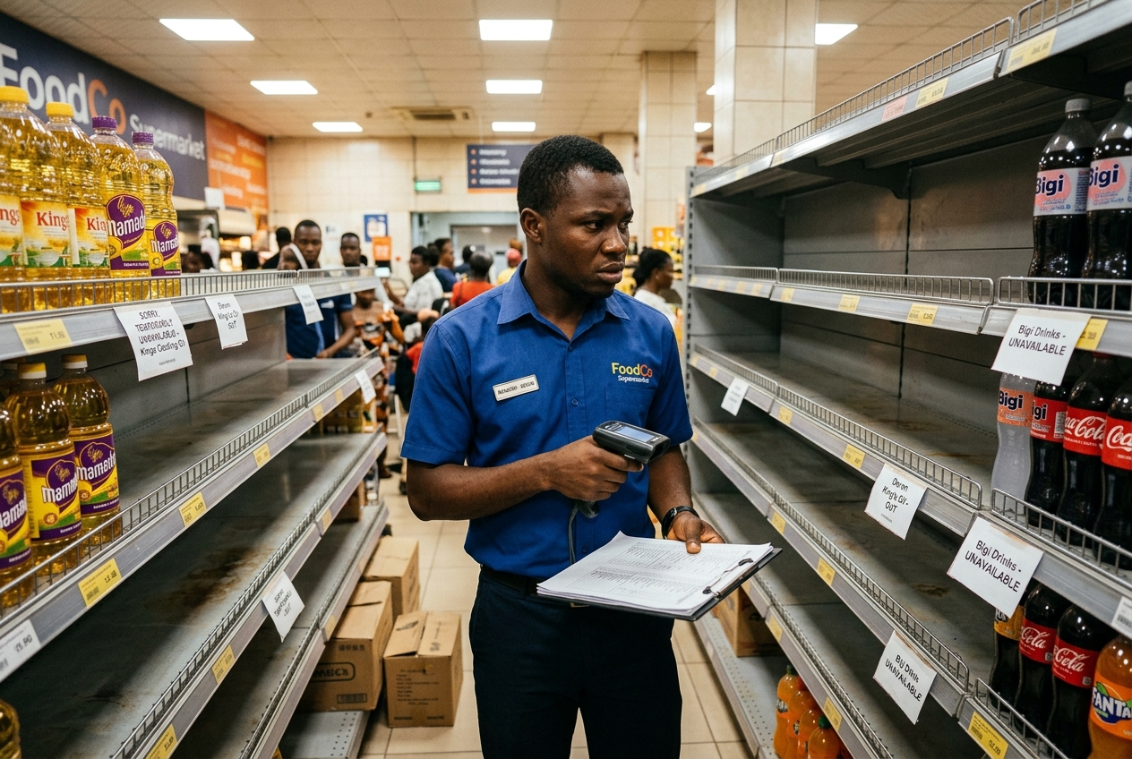 Nigerian supermarket inventory manager standing before depleted, bare retail shelves