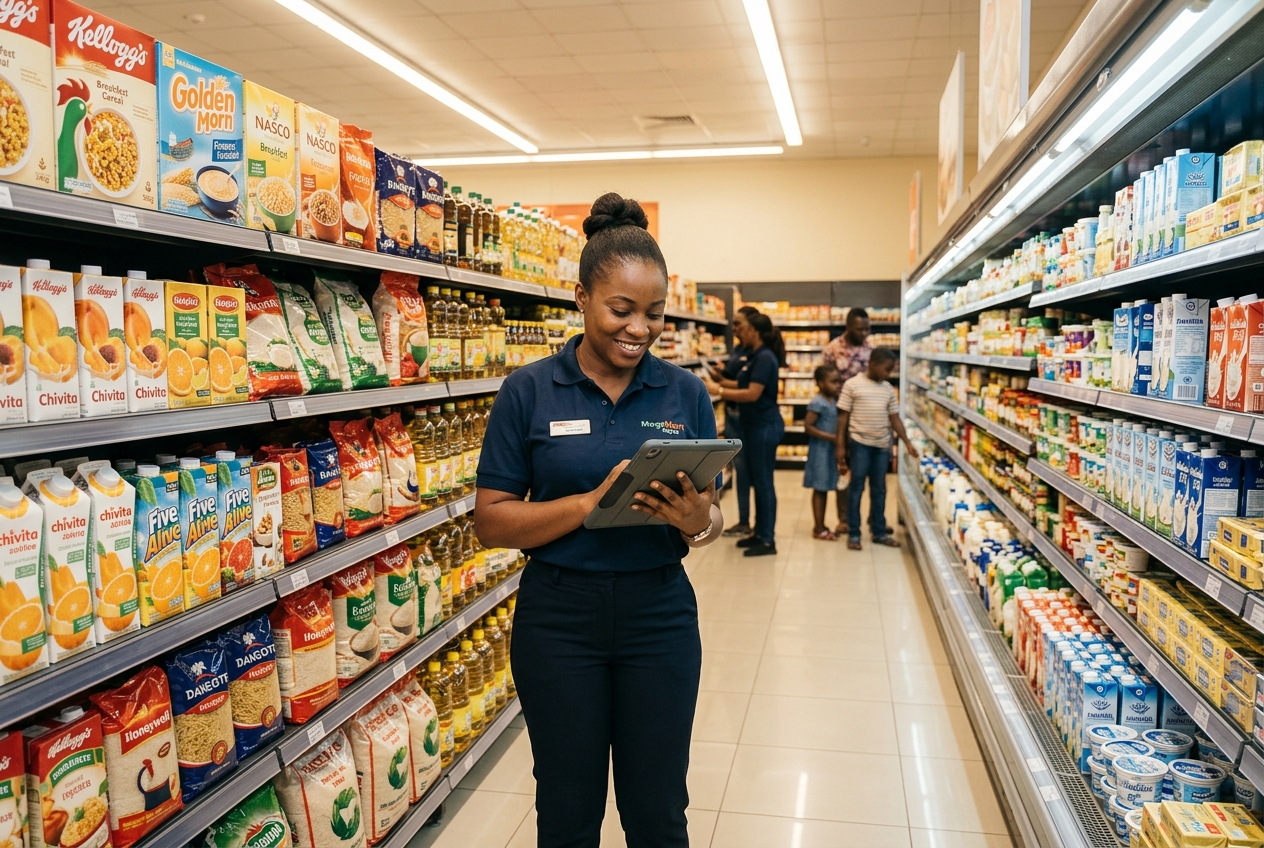 Nigerian retail merchandising supervisor standing proudly beside fully-stocked, perfectly organized supermarket aisles