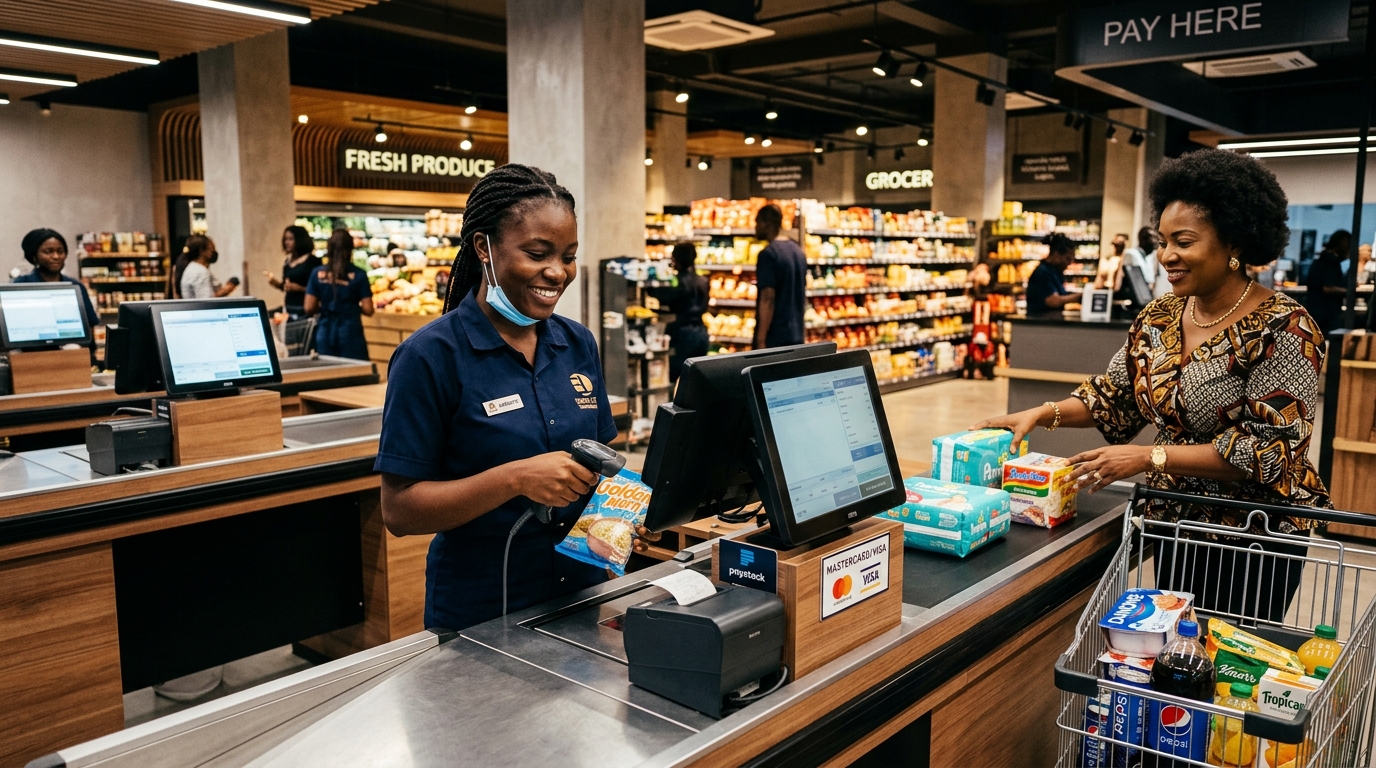 Nigerian cashier scanning FMCG packaged goods at modern supermarket checkout counter in Lagos