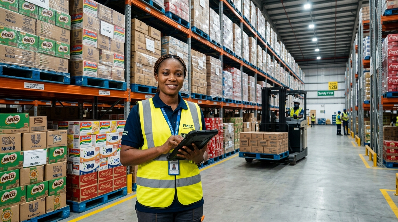 Nigerian FMCG logistics supervisor managing inventory in high-density pallet warehouse in Lagos